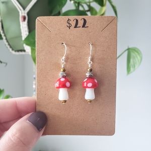 Red Glass Mushroom Earrings - Handmade with Sterling Silver Ear Hooks